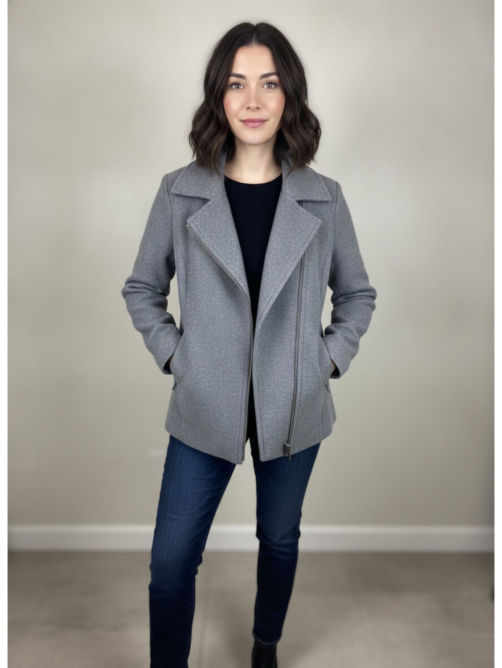 Kristen Blake Women’s Medium Gray Wool Blend Moto Jacket Asymmetrical Zip Coat